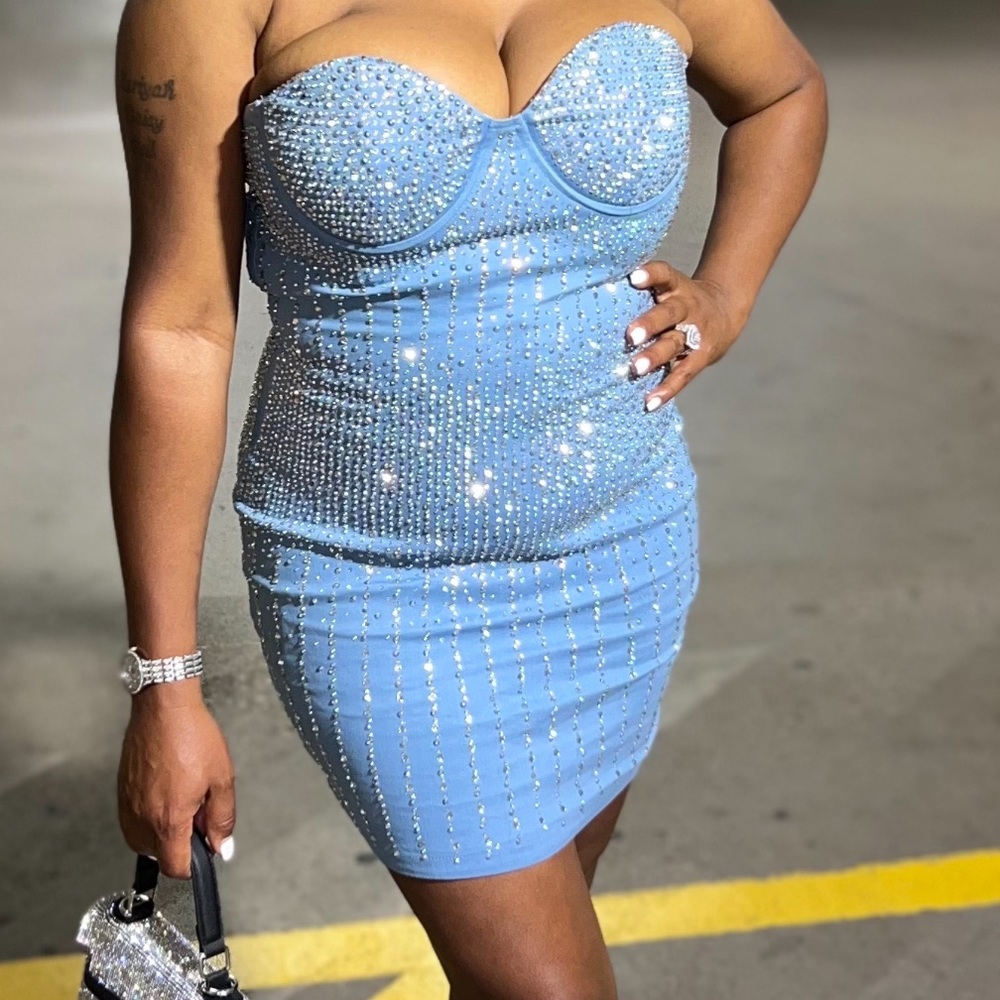 Denim & Diamonds. Strapless dress, zip up in the back.